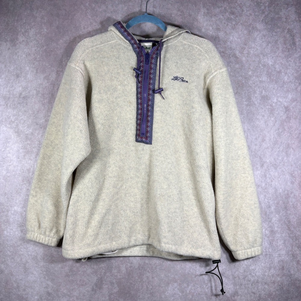 Vintage LL Bean Fleece Hoodie Womens Medium Cream 1/4 Zip Nordic Trim Pullover